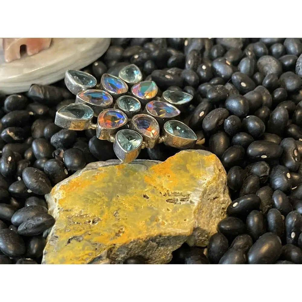 Native Sw Sterling Faceted Multi-stone Blue Green Rainbow Borealis Cluster Ring - Picture 4 of 12